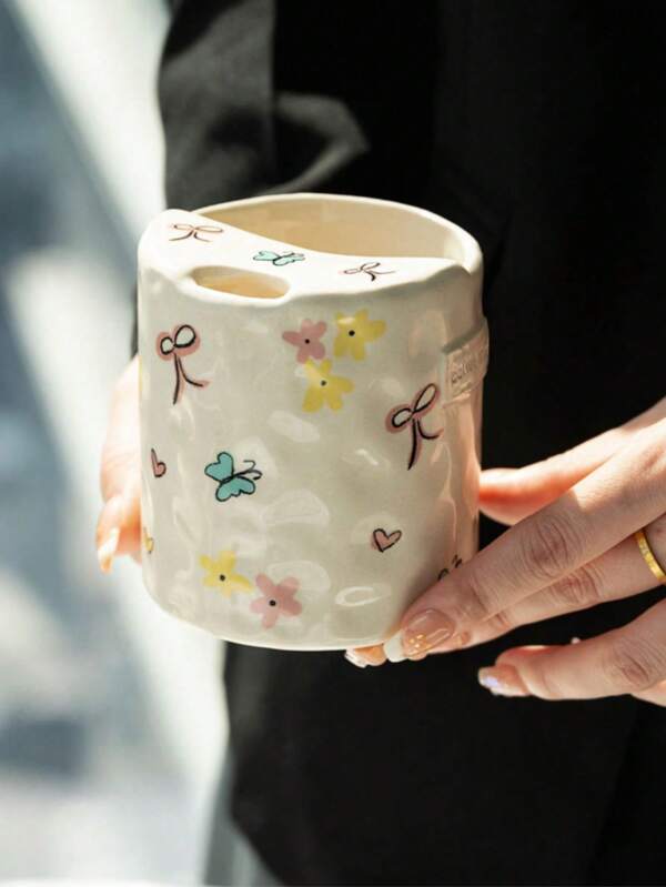 1pc Ceramic Mug, Ins-Style Bow Handle Coffee Cup, Office Latte, Coffee Mug, Matcha Cold Brew Cup, Commercial Dessert Cup, Suitable For Afternoon Tea, Shopping, Photography, Birthday Gift
