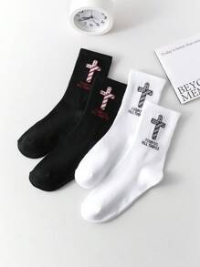 1/2/5/10 Pairs Cross Print Solid Black/White Unisex Sports Socks, Suitable For Outdoor, Cycling, Running, Yoga, Basketball, Versatile All Season Mid-Calf Socks