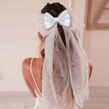 Custom Eternal Elegant Bridal Headpiece With Bow And Veil, Pearl Bow Hair Clip Tulle Veil Headband, Multiple Color Options, White Sheer Clip-On Wedding Accessories Suitable For Brides, Bridesmaids, Graduations And Bridal Parties