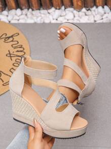 Women's Open Toe Platform High Heel Sandals, Summer Outdoor Thick Bottom Wedge Ankle Strap Roman Shoes - Beige - View 7