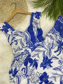 Long Dress PRINTED With Lining With Cup In Beautiful, Fashionable CREPINHO Fabric - Medium Wash - View 3