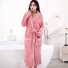1pc Deep Purple Soft & Comfortable Bathrobe, Long Sleeve With Large Pocket, Plus Size Women Bathrobe, Soft Absorbent Quick Dry For Home, Hotel Use, All Seasons Back To School - Dark Purple Edging - View 5