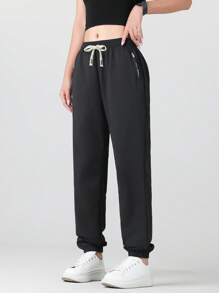 Women's Solid Color Drawstring Jogger Pants - Women's Sportswear Casual Comfortable Outdoor Leisure Sports Pants With Pockets, Mid-Waist, Suitable For All Seasons, Suitable For Gym Workouts And Outdoor Activities