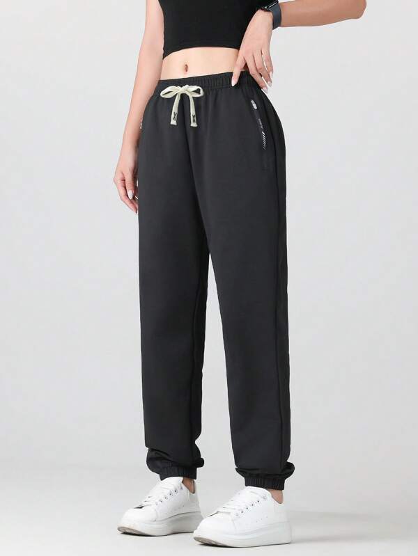 Women's Solid Drawstring Jogger Pants - Casual Comfortable Outdoor Sports Pants With Pockets, Mid-Waist, Suitable For All Seasons