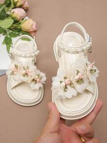 Girls' Fashionable & Cute Flower Pearl Design Flat Open Toe Sandals, Soft & Comfortable, Random Flower Placement Front & Back