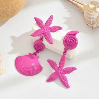 Modische, vielseitige, übertriebene asymmetrische Metall Muschel & Seestern Hängeohrringe für Frauen, geeignet für Strandurlaub