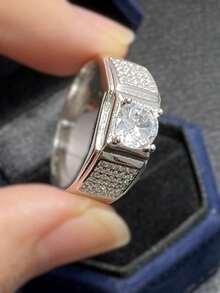 1 pieza Anillo de diseño geométrico elegante de plata S925 con piedra sintética de circonita brillante, regalo de joyería de alta calidad para hombres, anillo de compromiso - Plateado - Ver 8