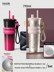 Vaso aislado de gran capacidad de 500ml/700ml/710ml - Taza de café de acero inoxidable con tapa, vaso de viaje para bebidas calientes y frías, compatible con portavasos de coche, material, tapa con orificio y portaboquillas, banda de silicona antideslizante, portátil y duradero para uso en exteriores, campamento, oficina, como regalo de botella de agua para la novia, estudiante, vuelta al cole del chico