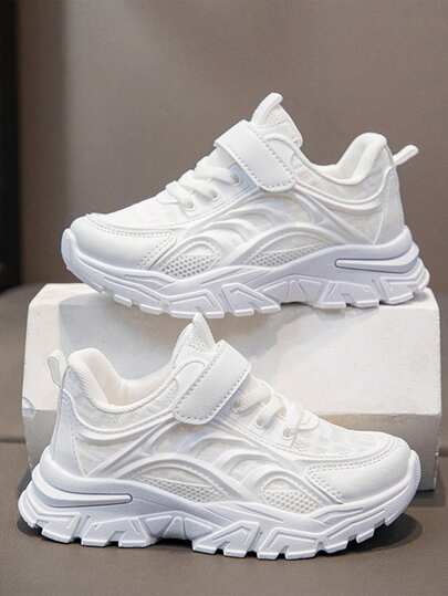 1双儿童休闲透气网面运动鞋，男女童春秋季跑步鞋，舒适时尚白色鞋，适合户外活动