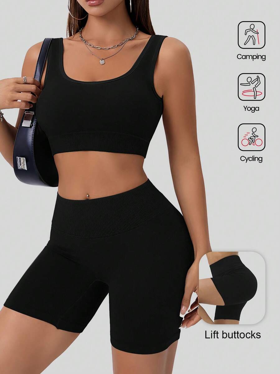 Aaseow Conjunto de 2 peças: Sutiã esportivo feminino sem costura com bojo removível e suporte médio, e shorts de ioga sem costura de cintura alta. - Preto - Ver 1