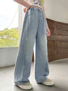 Tween 女童休闲做旧珍珠缀饰阔腿牛仔裤 - 藍色 - 查看 3