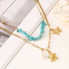 Fashion Creative Dual Layer Turtle & Starfish Blue Crystal Faux Pearl Stainless Steel Chain Necklace