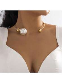 1 件仿珍珠颈链，时尚优雅百搭性感，适合派对、海滩、日常休闲装、节日礼物（手工制作，公差 1-3 厘米） - 金色 - 查看 2