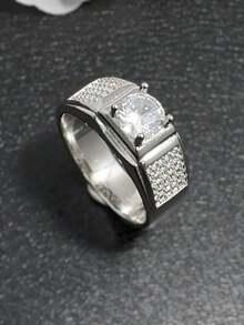 1 pieza Anillo de diseño geométrico elegante de plata S925 con piedra sintética de circonita brillante, regalo de joyería de alta calidad para hombres, anillo de compromiso - Plateado - Ver 5