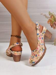 Women's Colorful Floral Print Round Toe Casual High Heel Pumps, Classic Slingback Design With Toe And Ankle Strap