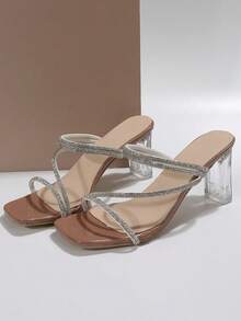 法式方头绑带水钻素色简约优雅仙女风格方头粗跟凉鞋，适合女士，夏季户外时尚法式水钻高跟鞋，适合通勤、约会、商务、购物、派对 - 杏色 - 查看 4