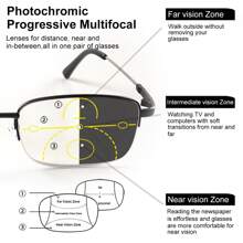 Fotochromatische, progressieve multifocale leesbril met anti-blauwlichtlenzen, metalen montuur