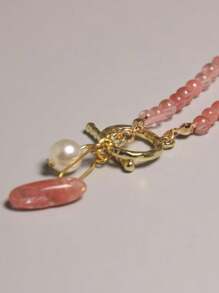 1 pièce Collier de perles en cristal de pierre naturelle, collier de perles mode pastèque rouge, style bohème pour femme
