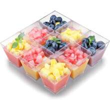 10/25/50/100/200 Piezas, 2 oz/60 ML Tazas de postre de plástico mini con cucharas, tazones pequeños cuadrados brillantes transparentes para pudin de plátano, para servir y probar aperitivos en fiestas de cumpleaños y bodas, dorado y transparente