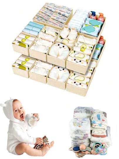 14-Pack Clothing Drawer Organizers - Fabric Baby Drawer Dividers, Foldable Washable Closet Storage Organizers - 3 Sizes For Underwear, Baby Clothes, Bras, Socks, Ties, Scarves, White