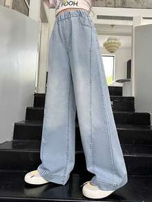 Tween 女童休闲做旧珍珠缀饰阔腿牛仔裤 - 藍色 - 查看 7