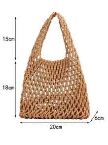 1pc Bohemian Style Woven Tote Bag, Striped Woven Handbag, Beach Bag, Casual Versatile Hollow Woven Handbag, Beach Bag