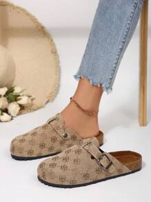 New Thick Sole Round Toe Printed Fabric Mule Shoes For Women, Outdoor Khaki Slip-On Sandals, All Season