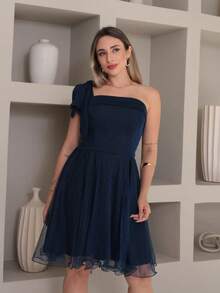 Short Luxury Party Dress With Glitter And One Shoulder Bow - Navy Blue - View 3