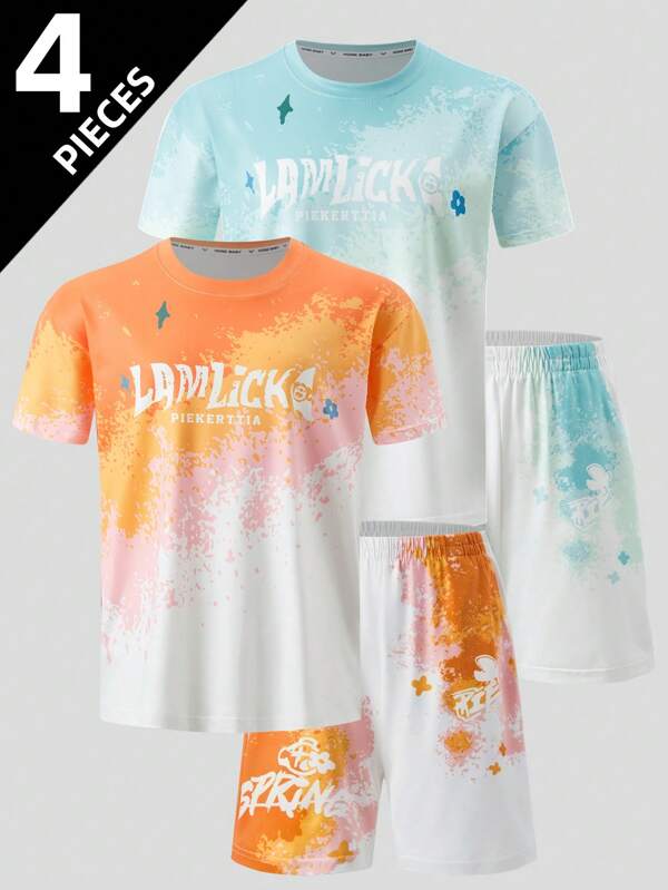 Ensemble de 4 pièces : T-shirt à manches courtes et short avec poches pour pré-adolescents, tenue décontractée légère pour tous les jours, polyvalent pour les garçons, les filles et les adolescents