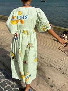 New Fashion Random Print V-Neck Flare Sleeve Loose Casual Dress For Women, Boho Vacation Style, Spring/Summer - Pastel Green - View 6