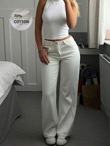 高腰直筒牛仔裤，宽松阔腿牛仔裤，九分休闲棉质长裤，适合办公室、户外、工作场合，白色长裤，春季款 - 白色 - 查看 2