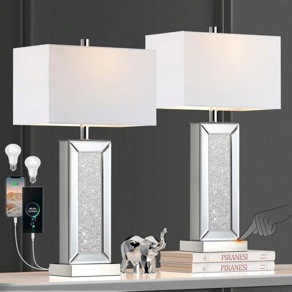 Modern Table Lamp Set Of 2 Touch Control, Silver Mirror Diamond Crystal Bedside Lamp With USB C+A Ports, 3-Way Dimmable Mirrored Nightstand Lamps White Fabric Shade For Living Room Bedroom Art Decor