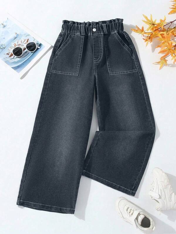 Jeans diritti a vita arricciata, gamba ampia, adatti a ragazze adolescenti, per tutte le stagioni