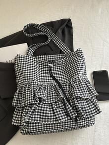 1pc Canvas Plaid Tote Bag With Quilted Pattern Drawstring Closure, New Casual Slouchy Style Checkered Shoulder Bag, Large Capacity Flounce Edge Underarm Bag, Commuting Handbag Suitable For Women - Black - View 8