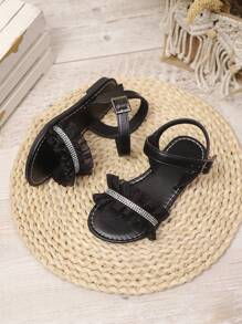 1 Pair Plus Size Black Shiny PU Strap Rhinestone Decor Flat Sandals For Teenage Girls, Round Toe Comfortable Non-Slip Beach Summer Shoes, Suitable For 3-15 Years Old Girls, Casual/Party/Vacation