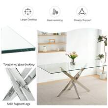 Sumdeal 63" Glass Dining Table Set For 4,Sumdeal 63" Glass Dining Table Set For6,Silver/Gold Base Dining Room Table With 4/6 Silver/Golden Leg C Shape Chairs,63" Modern Glass Dining Table With Gold/Silver Leg - 1張桌子和4張灰色銀腿椅子 - 查看 5