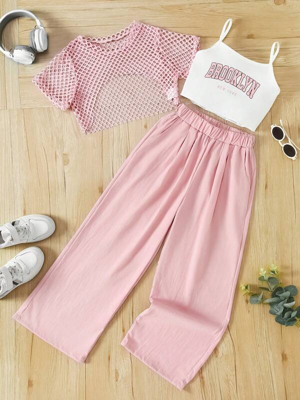 Girls 3-Piece Set: Brooklyn Letter Print Camisole + Mesh Sheer Top + Long Pants Outfit, Summer Casual Outdoor Sports 3-Piece Fashion Set For Girls, Knit Fabric, Stretchy, Letter Graphics, Regular Fit, Polyester Blend, For Outdoor Use