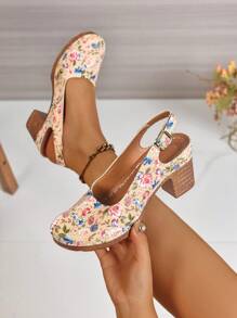 Women's Colorful Floral Print Round Toe Casual High Heel Pumps, Classic Slingback Design With Toe And Ankle Strap