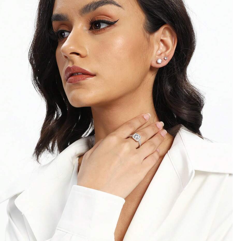 MDFUN 18K White Gold Plated Cubic Zirconia Three-In-One Halo Wedding Engagement Promise Eternity Ring For Women - 10 - 查看 1