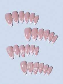 24片白色花朵法式杏仁形美甲贴纸，打造你的专属美甲！完美贴合，中等长度设计，亚克力材质，包含1片果冻胶和1个指甲锉，夏季美甲必备，适合女士和女孩日常工作、派对等各种场合。