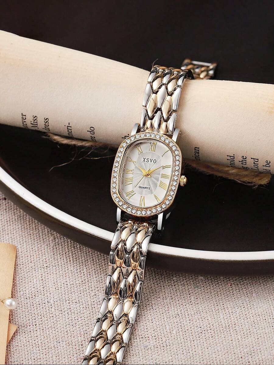 1pc Minimalist Oval Shape Fashionable Roman Numeral Dial Exquisite Steel Band Quartz Watch, Suitable For Teenage, Ideal For Birthday, Graduation Gift