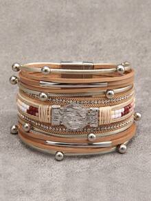 1pc Wide Faux Leather Gold Color With Random Zirconia Inlaid Bracelet, Everyday Wear, Gift For Girlfriend - Leather Bracelet - View 17