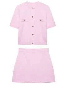 DEEKA Spring/Summer New Fashion Women Casual Simple Versatile Short Sleeve Knit Top And Mini Skirt Set - Pink - View 2