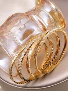 3 Peças/Conjunto Bracelete de Aço Inoxidável Banhado a Ouro 18K, Pedra de Zircônia Cúbica Curva Brilhante da Moda, Adequado para Uso Diário de Mulheres, Estilo Popular Europeu e Americano, Casual, Festa, Férias, Aniversário, Casamento, Namorada, Joia de Presente do Dia dos Namorados - Ouro amarelo - Visão 5