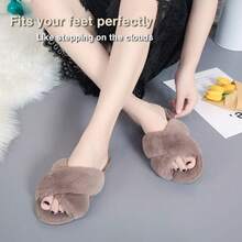 Local Delivery--LZLER Women's Cross Band Slippers, Soft Plush Fleece Lightweight Non Slip Open Toe Flip Flop Shoes House Indoor Outdoor Fur Fuzzy Slippers - Coffee - 查看 2