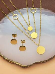 Women's Gold Layered Stainless Steel Necklace 18k Gold-Plated Exquisite Smooth Round Gold Coin Earrings Fashionable Layered Heart Cute Pendant Necklace Set Of Women's Ear Studs Gold Jewelry, For Valentine's Day, Wedding Season, Anniversaries, Mother's Day, Gifts For Family And Friends