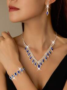 4-Piece Set Includes: (1 Pair Elegant Pendant Earrings, 1 Luxurious Necklace, And 1 Set Of Black Teardrop Rhinestone Inlaid Bracelet) - A Brass Jewelry Set Suitable For Weddings And Special Occasions. - Black - View 6