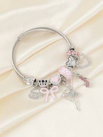 1pc צמיד קסם נירוסטה אלגנטי ויוקרתי של נערת רוקדת, נעלי עקב, לב, תיק יד, קשת, כוכב, כתר עם חרוזים משובצים באבני חן ותארים מרובים לעשה זאת בעצמך, מתכוונן ומתאים לבנות ללבישה יומיומית, מסיבה ופסטיבל כמתנה.