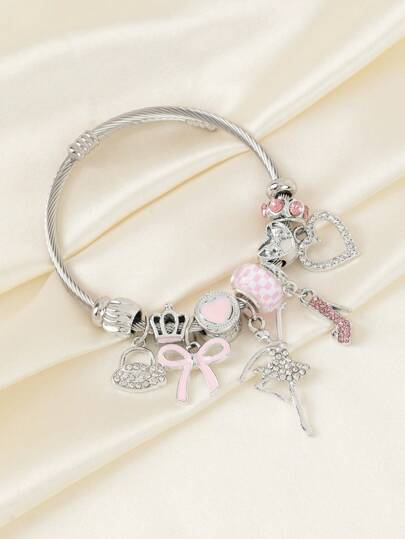 زوج رقيق ومترف من الفتاة الراقصة، الأحذية ذات الكعب العالي، القلب، الحقيبة، الribbon، النجمة، التاج سوار طقم من الفولاذ المقاوم للصدأ المرصع بالراين، مجوهرات متعددة للصنع DIY قابل للتعديل مناسب للبنات لارتدائه يوميًا وفي الأحداث والمناسبات كهدية