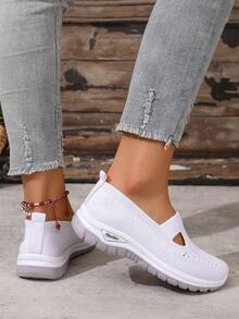 女士时尚百搭厚底乐福鞋，镂空纯色一脚蹬休闲运动鞋，防滑透气面料鞋，适合派对、聚会、室内、通勤、中性风格、春秋季